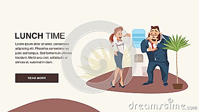 Couple of Coworker Eat Pizza at Office Lunch Break Vector Illustration