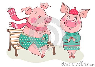 Couple of cute cartoon pigs fallen in love Vector Illustration