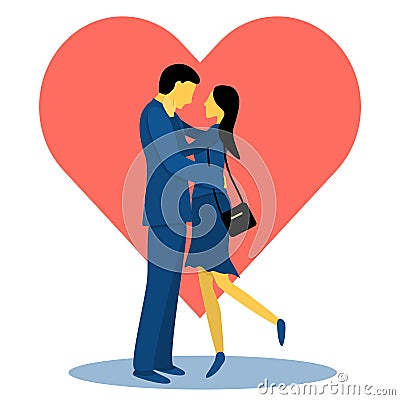A couple of cute lovers on the background of the heart. Flat vector illustration in trendy colors Vector Illustration