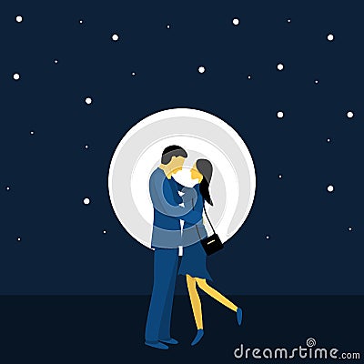 A couple of cute lovers on a background of the night sky with the moon. Flat vector illustration in trendy colors Vector Illustration