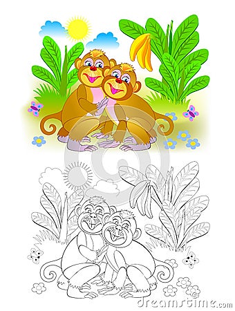 Couple of cute monkeys in the jungle. Colorful and black and white page for coloring book for kids. Vector Illustration