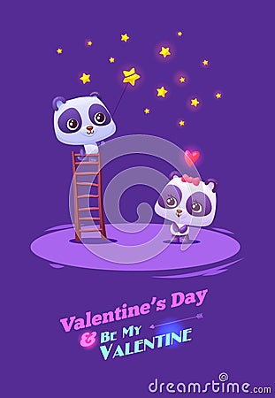 Couple cute panda on ladder catch the star. Idea Vector Illustration