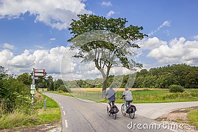 Couple cycling in the nature reserve of Balloerveld in Drenthe Editorial Stock Photo