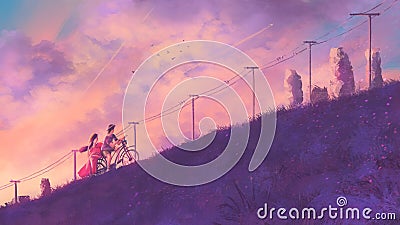 Couple cycling on road in sunset time Stock Photo