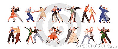 Couple dances set. Dancers in pairs, men and women partners, duets performing tango, bachata, waltz, lindy hop, rumba Vector Illustration