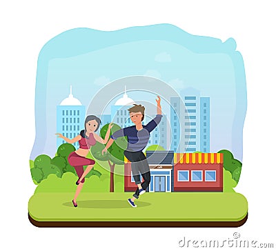 Couple dancing in park, against backdrop of cityscape, and cafe. Vector Illustration