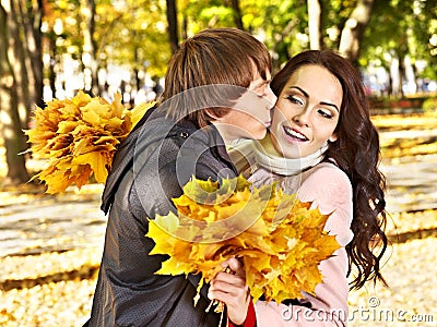 Couple on date autumn outdoor. Stock Photo