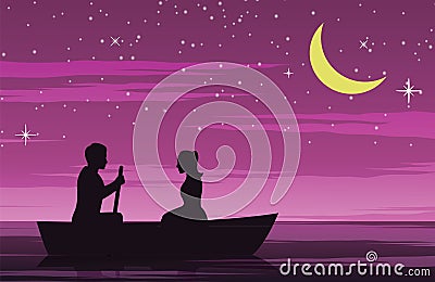 Couple date by row boat,pink color tone,silhouette design Vector Illustration