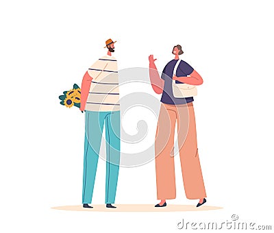 Couple Dating, Love, Relations Concept. Man Prepare Present to Girlfriend Hiding Bouquet of Flowers behind of Back Vector Illustration