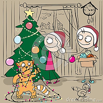 Couple decorates Christmas tree. Red cat tangled in garland Vector Illustration