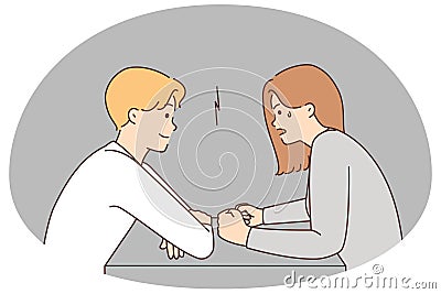 Couple with different moods sit at table Vector Illustration