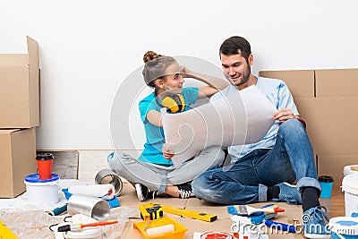 Couple discussing home redesign ideas. Stock Photo