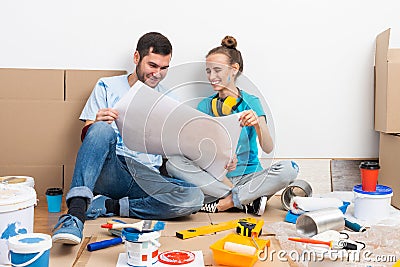 Couple discussing home redesign ideas. Stock Photo