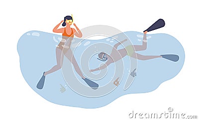 Couple diving and swimming underwater. Scene of summer vacation and activity. Flat vector cartoon illustration of scuba Vector Illustration