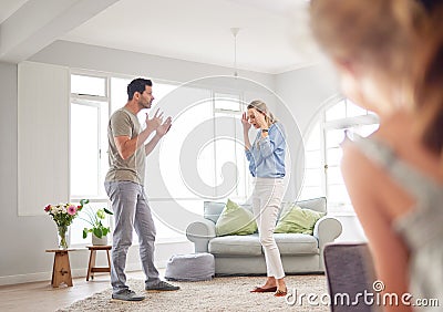 Couple, divorce fight and child trauma with mental health, anxiety and depression from watching parents. Stress Stock Photo