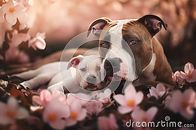 a couple of dogs laying next to each other on a bed of flowers Stock Photo