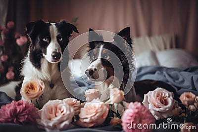 a couple of dogs laying on top of a bed of flowers Stock Photo