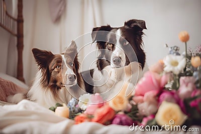a couple of dogs laying on top of a bed next to flowers Stock Photo