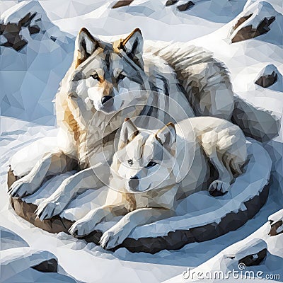 A couple of dogs laying on top of a snow covered ground. Beautiful picture of dogs. Stock Photo