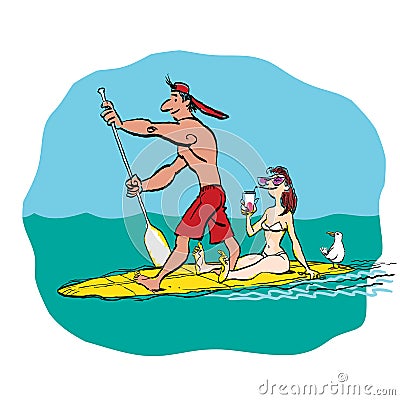 Couple doing Stand Up Paddling on Paddle Board on Water at Seaside. Vector Illustration