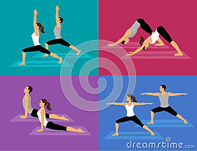 Couple doing Yoga Workout Set Vector Illustration