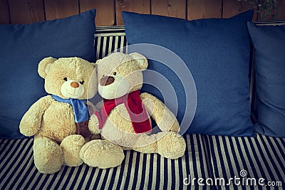 Couple doll bear lover decorated on sofa furniture interior Stock Photo