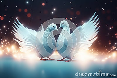 couple doves covered in glowing lights, in a wedding scene Ai generated Stock Photo