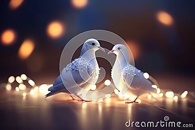 couple doves covered in glowing lights, in a wedding scene Ai generated Stock Photo