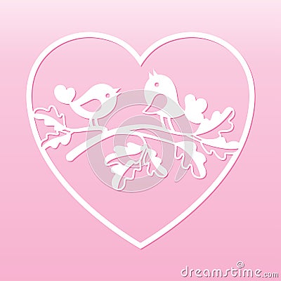 Couple of doves on an oak branch inside the heart. Laser cutting template. Vector Illustration