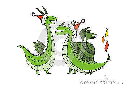 Couple of Dragons character with Santa hats. Symbol of Chinese New Year 2024 for your design Vector Illustration