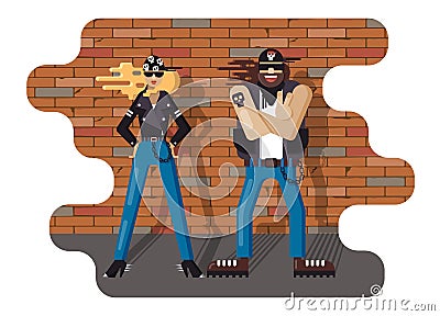 Couple dressed in black leather jackets, blue jeans and bandanas against a battered brick wall. Rocker subculture Vector Illustration