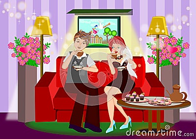 Couple drink tea Cartoon Illustration