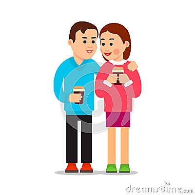 Couple drinking coffee. Young boy and girl met and spoken. Friendly meeting. Attractive woman smiling boyfriend. Friends talking Vector Illustration