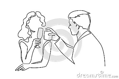 Couple drinking wine continuous one line vector drawing. Lovers. Romantic date. Valentines day celebration. Vector Illustration