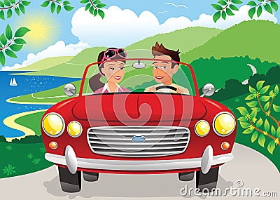 Couple driving along coastal road Vector Illustration