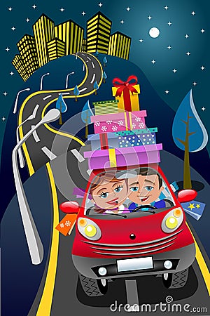 Couple Driving Car Gift Boxes Downtown Night Vector Illustration