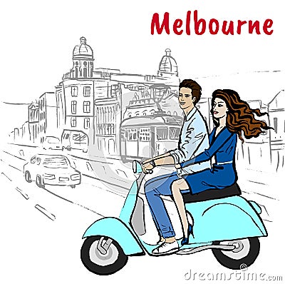 Couple driving scooter on Chapel street Vector Illustration