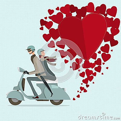 Couple driving scooter sweetheart. Vector Illustration