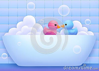A couple of ducks swim in a bath with foam. Cute illustration. Cartoon Illustration