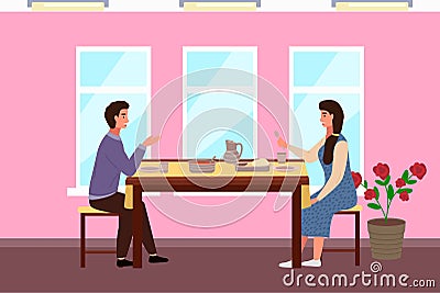 Couple is eating indian food. Characters in relationship are having date in the pink restaurant Vector Illustration