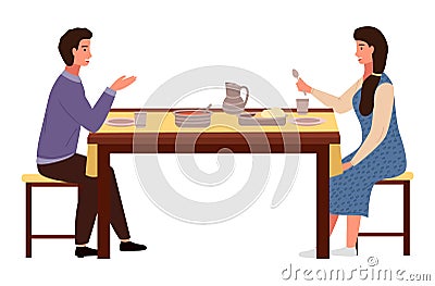 Couple is eating indian food. Characters in relationship are having date in the pink restaurant Cartoon Illustration