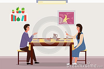 Couple is eating indian food. Characters in relationship are having date in their apartment Vector Illustration