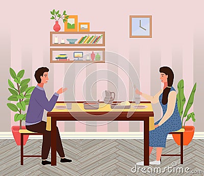 Couple is eating indian food. Characters in relationship are having dinner in the restaurant Vector Illustration