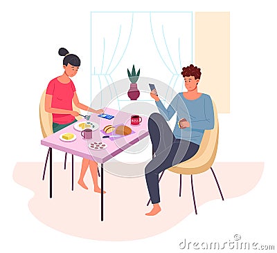 Couple eating and using gadgets. Family social media addiction Vector Illustration