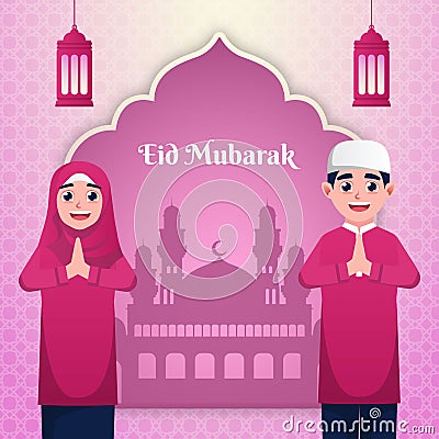 Couple eidul al fitr greeting template mubarak background vector cartoon Stock Photo