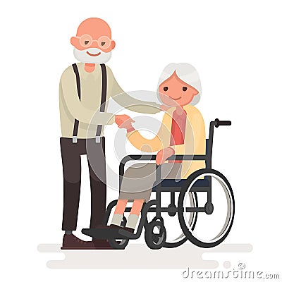 Couple of elderly people. Grandpa near grandmother in a wheelchair. Vector illustration Cartoon Illustration