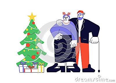 Couple elderly people near Christmas tree Vector Illustration