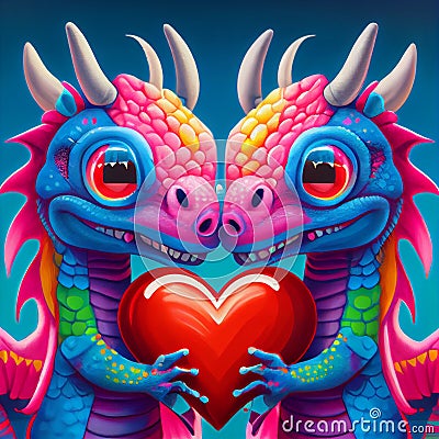 Couple of elderly multicolored dragons with heart. AI generative Stock Photo