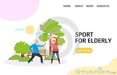 A couple of elderly spouses play sports in the Park. Landing page for design. Vector illustration in flat style. Vector Illustration