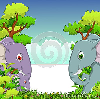 Couple elephant cartoon with forest background and blank sign Stock Photo